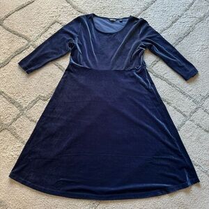 Lands End velvet midi dress blue 3/4 sleeve a line scoop neck XL / 18